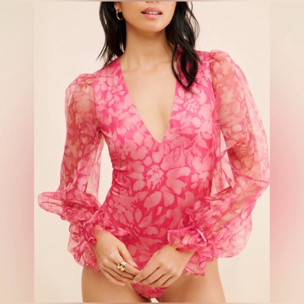 Anthropologie Pink Sheer Floral V-Neck Puff Sleeve Bodysuit